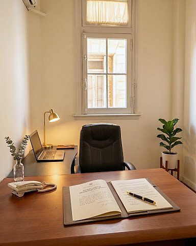 Escritorio de la escribanía, con un protocolo abierto y una lapicera sobre la mesa